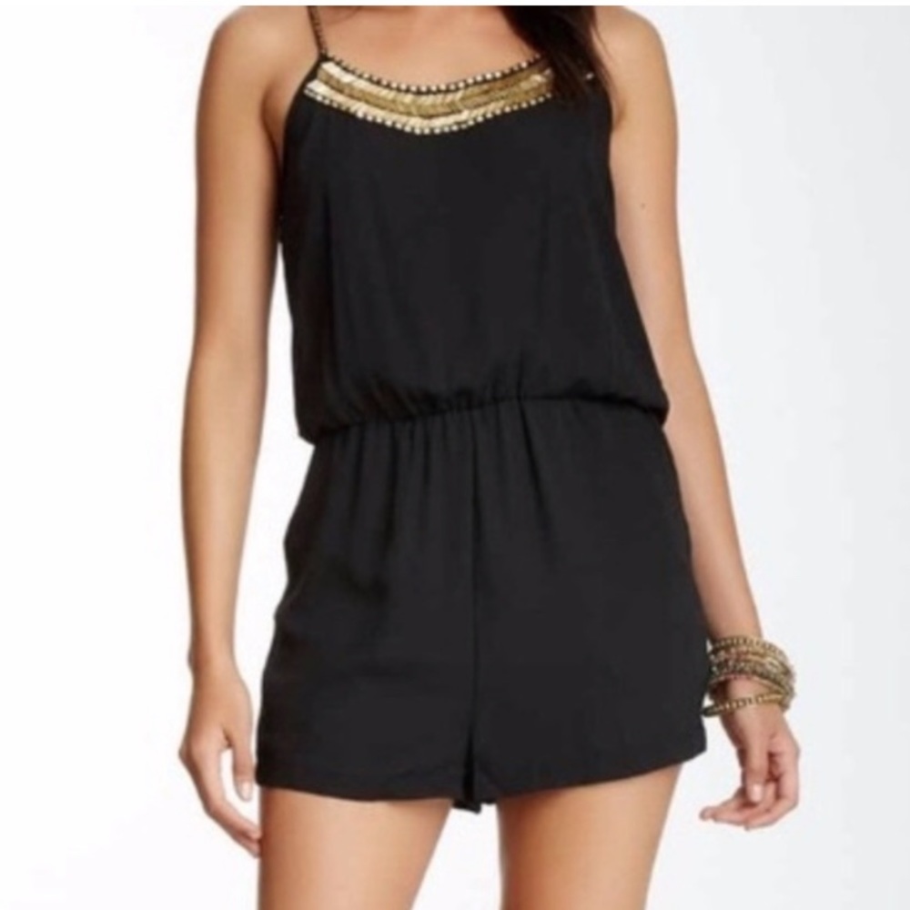 ROMEO & JULIET Couture Gold Beaded Open Back Black Romper - Picture 2 of 13